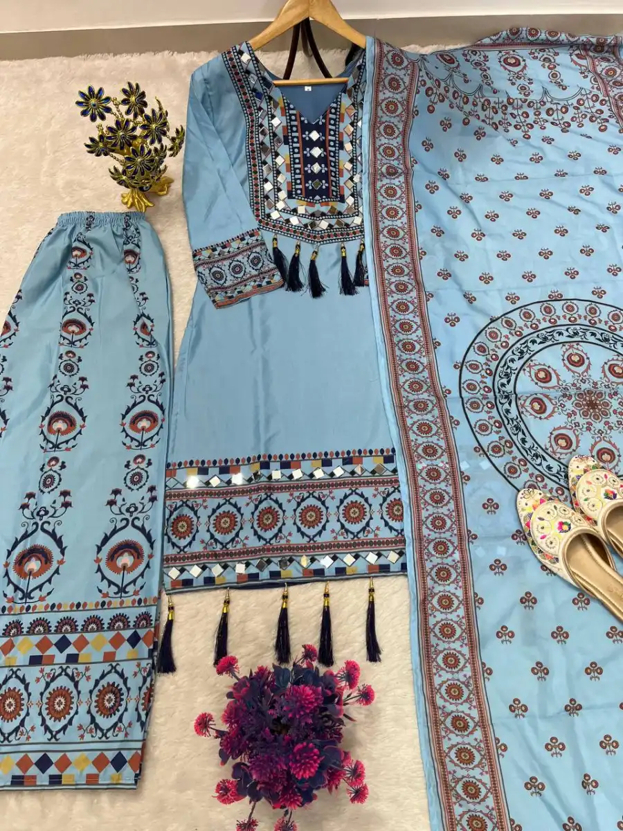 2NEW ARRIVAL MUSLIN DIGITAL PRINT WITH LATKAN AND REAL MIRROR WORK TOP PALAZZO WITH DUPATTA FESTIVE WEAR WHOLESALE PRICE ETHNIC GARMENT (10)