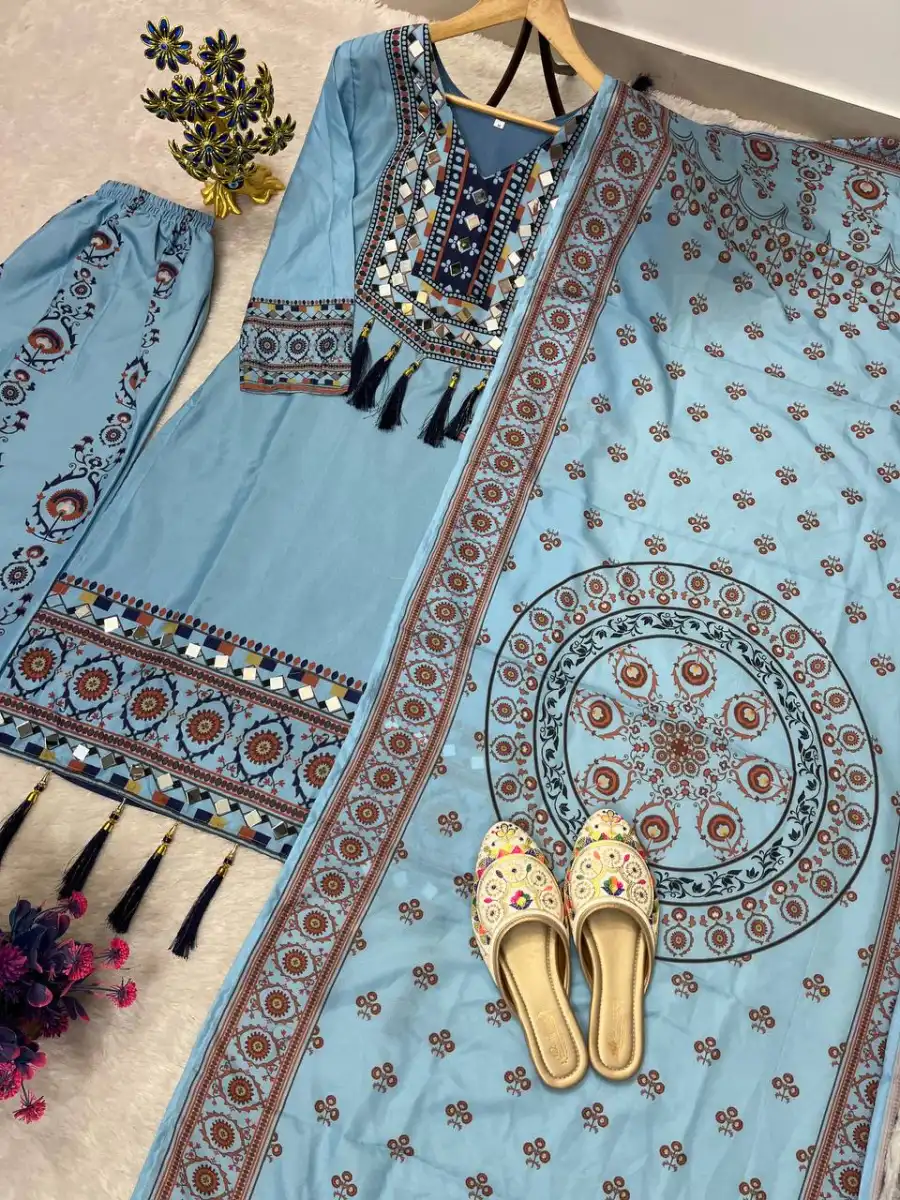 2NEW ARRIVAL MUSLIN DIGITAL PRINT WITH LATKAN AND REAL MIRROR WORK TOP PALAZZO WITH DUPATTA FESTIVE WEAR WHOLESALE PRICE ETHNIC GARMENT (11)