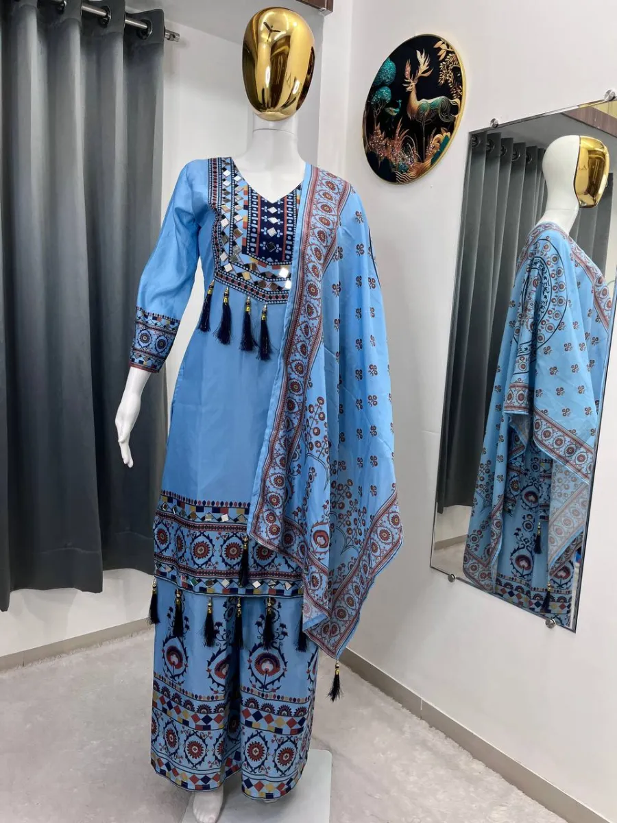 2NEW ARRIVAL MUSLIN DIGITAL PRINT WITH LATKAN AND REAL MIRROR WORK TOP PALAZZO WITH DUPATTA FESTIVE WEAR WHOLESALE PRICE ETHNIC GARMENT (12)