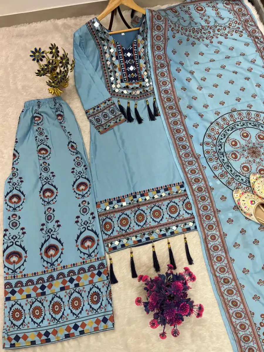 2NEW ARRIVAL MUSLIN DIGITAL PRINT WITH LATKAN AND REAL MIRROR WORK TOP PALAZZO WITH DUPATTA FESTIVE WEAR WHOLESALE PRICE ETHNIC GARMENT (8)