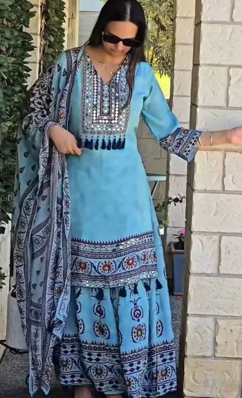 NEW ARRIVAL MUSLIN DIGITAL PRINT WITH LATKAN AND REAL MIRROR WORK TOP PALAZZO WITH DUPATTA SKY