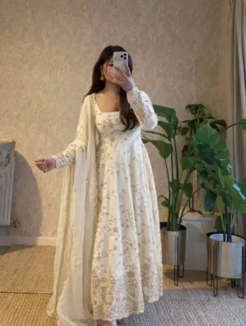 RICH LOOK FENDY SILK EMBROIDERY THREAD & SEQUENCE WORK GOWN BOTTOM WITH DUPATTA OFF WHITE