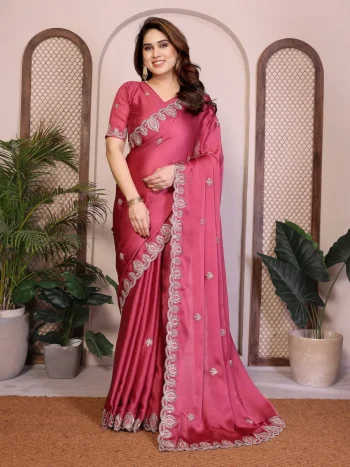 RICH LOOK SATIN CHIFFON EMBROIDERY WORK LACE BORDER SAREE WITH UNSTITCHED BLOUSE PINK