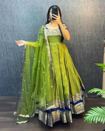 TRADITIONAL NARYANPET SILK BORDER WORK GOWN WITH NET DUPATTA PARROT GREEN