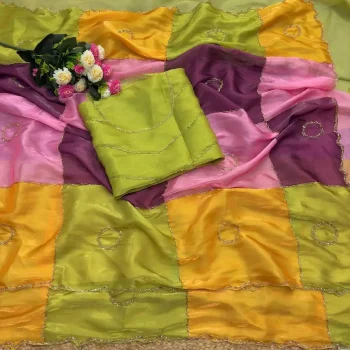 TRENDING SPACE SILK MULTI PRINTS WITH BEADS AND CUTDANA HANDWORK SAREE WITH UNSTITCHED BLOUSE MULTI