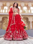 DESIGNER VICHITRA SILK EMBROIDERY CODING SEQUENCE WITH THREAD AND READY MADE LACE WORK LEHENGA CHOLI WITH DUPATTA RED