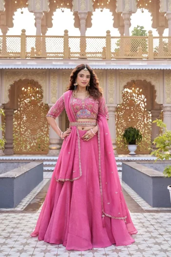RICH LOOK CRUNCHY EMBROIDERY MOTI WITH SEQUENCE & THREAD WORK LEHENGA CHOLI WITH DUPATTA AND WAIST BELT PINK
