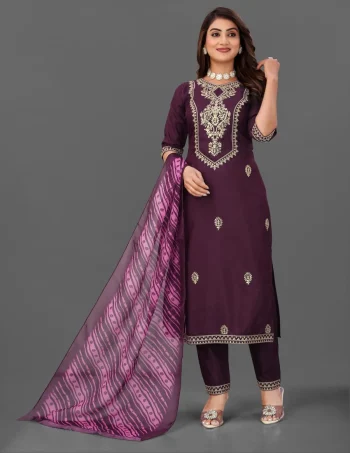FANCY COTTON BLEND EMBROIDERY WORK TOP BOTTOM WITH DUPATTA WINE