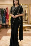 DESIGNER CHINON LACE BORDER WORK READY TO WEAR SAREE WITH STITCHED BLOUSE BLACK