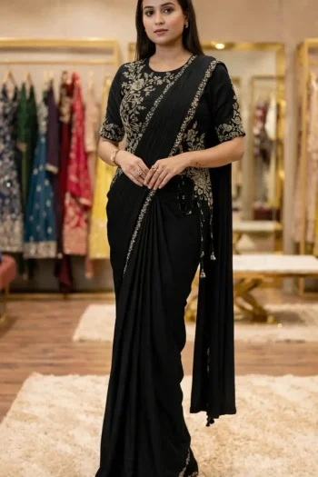 DESIGNER CHINON LACE BORDER WORK READY TO WEAR SAREE WITH STITCHED BLOUSE BLACK