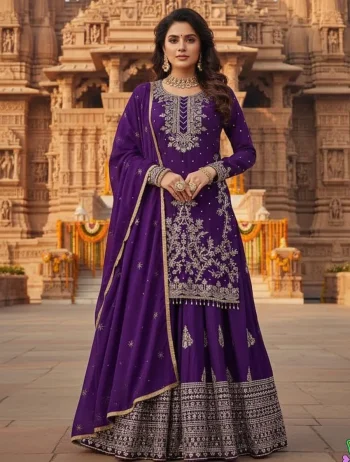 DESIGNER CHINON SILK EMBROIDERY SEQUENCE WORK TOP LEHENGA WITH DUPATTA PURPLE