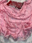 DESIGNER CHINON SILK SEQUENCE WORK WITH CUT WORK BORDER WORK SAREE WITH UNSTITCHED BLOUSE BABY PINK