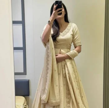 DESIGNER CHINON SILK THREAD & PIPE SEQUENCE WORK TOP LEHENGA WITH DUPATTA OFF WHITE