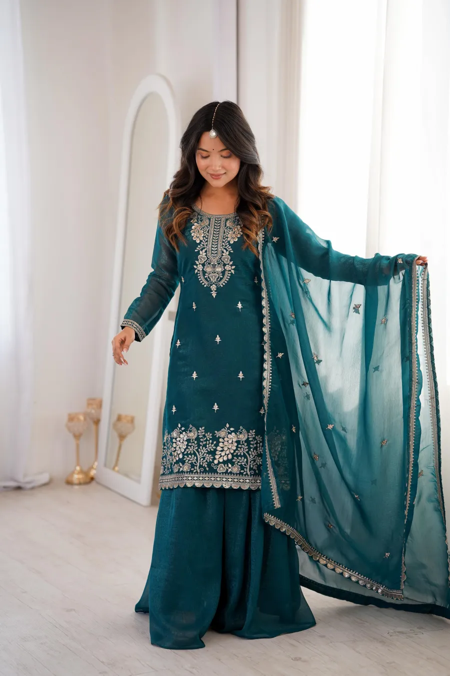 3DESIGNER CRUNCHY SILK EMBROIDERY SEQUENCE,THREAD AND JARI WORK TOP PALAZZO WITH DUPATTA FESTIVE WEAR WHOLESALE PRICE ETHNIC GARMENT (15)