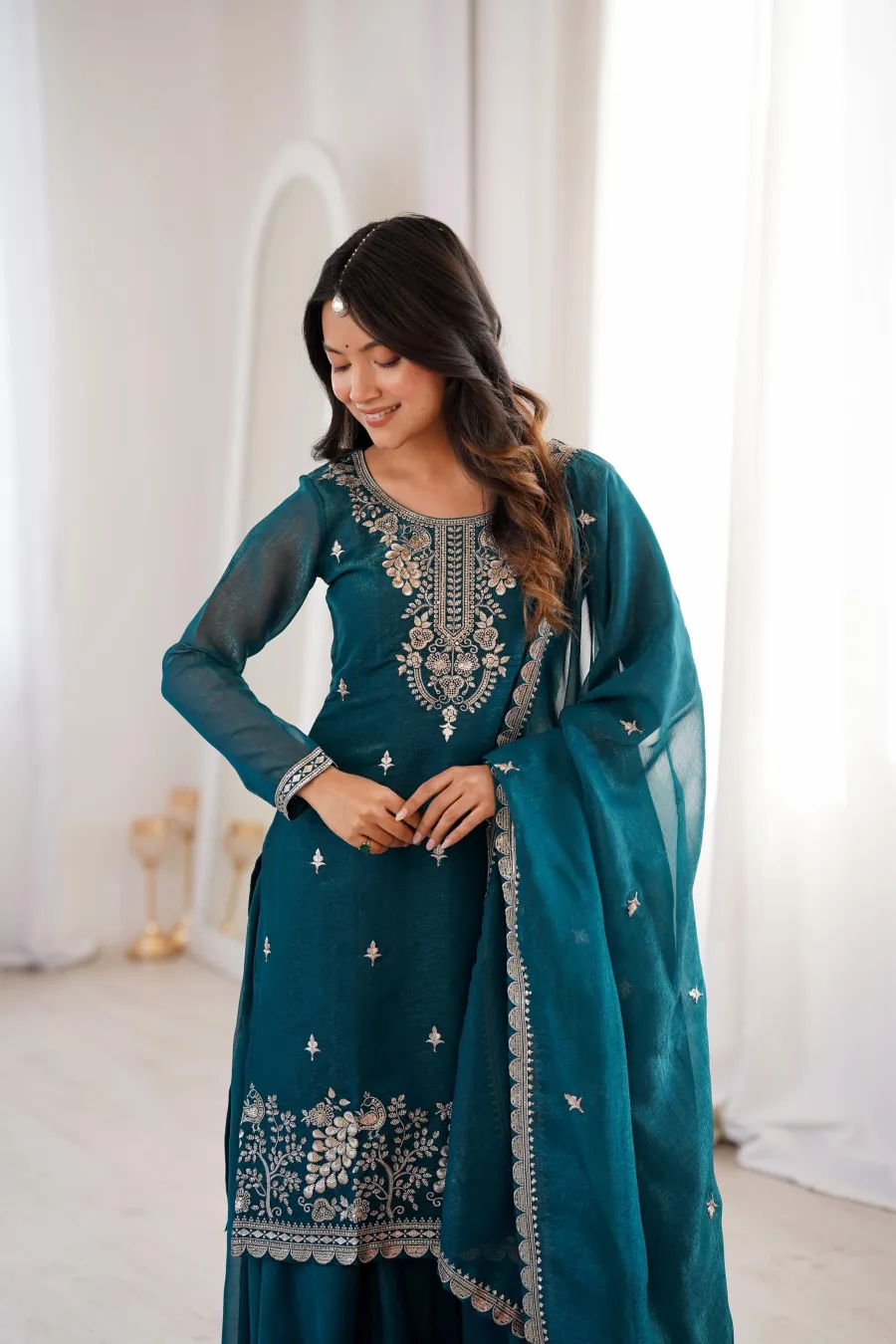3DESIGNER CRUNCHY SILK EMBROIDERY SEQUENCE,THREAD AND JARI WORK TOP PALAZZO WITH DUPATTA FESTIVE WEAR WHOLESALE PRICE ETHNIC GARMENT (16)