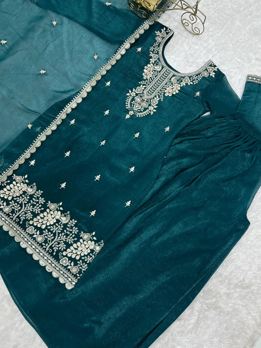 3DESIGNER CRUNCHY SILK EMBROIDERY SEQUENCE,THREAD AND JARI WORK TOP PALAZZO WITH DUPATTA FESTIVE WEAR WHOLESALE PRICE ETHNIC GARMENT (18)