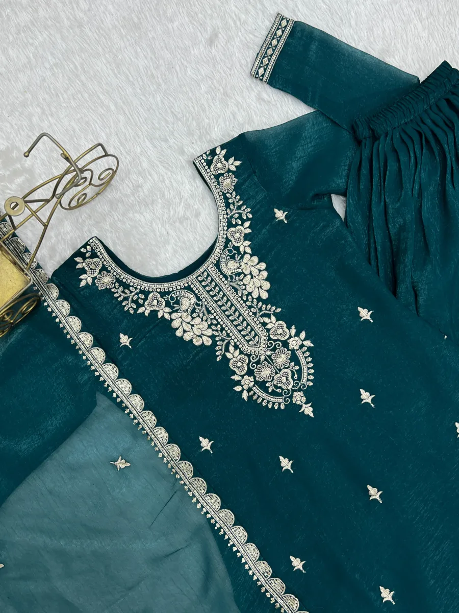 3DESIGNER CRUNCHY SILK EMBROIDERY SEQUENCE,THREAD AND JARI WORK TOP PALAZZO WITH DUPATTA FESTIVE WEAR WHOLESALE PRICE ETHNIC GARMENT (19)
