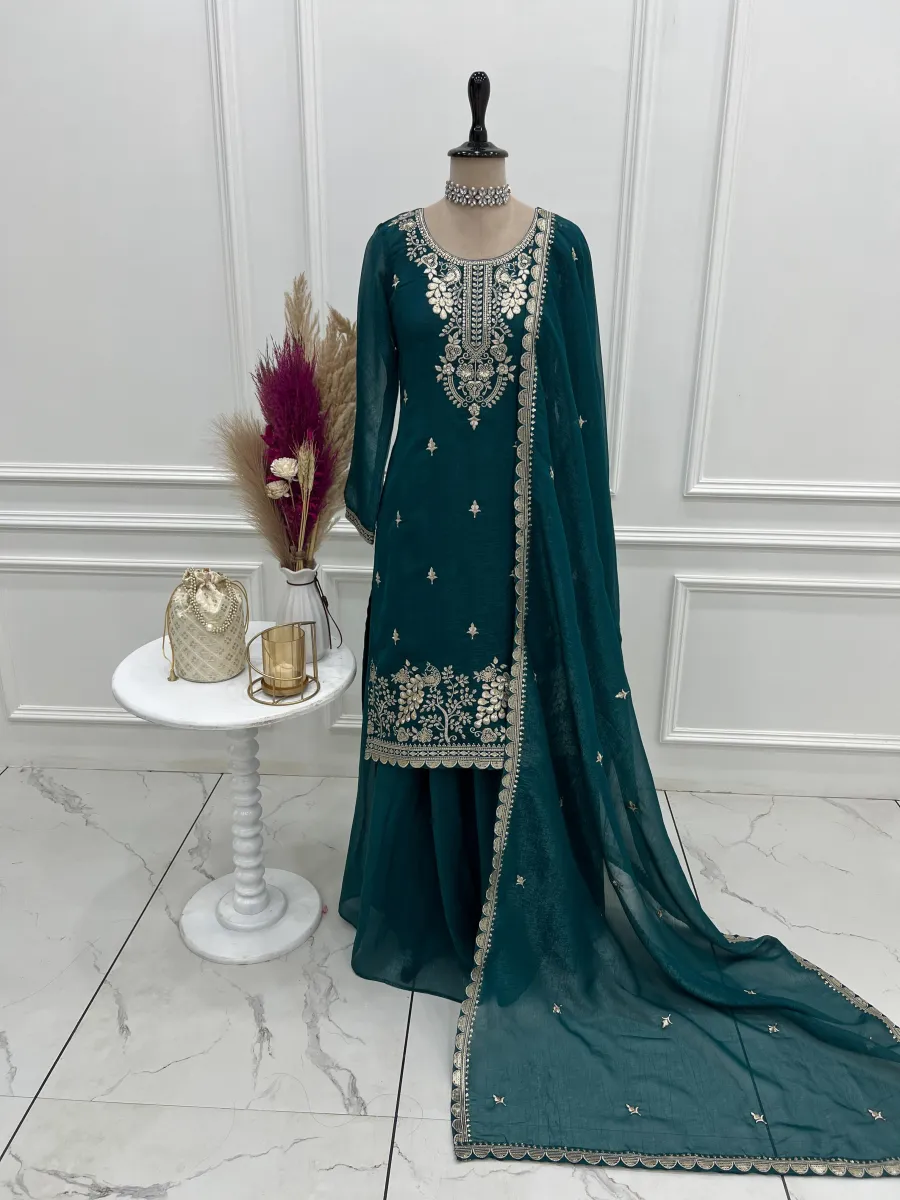 3DESIGNER CRUNCHY SILK EMBROIDERY SEQUENCE,THREAD AND JARI WORK TOP PALAZZO WITH DUPATTA FESTIVE WEAR WHOLESALE PRICE ETHNIC GARMENT (20)
