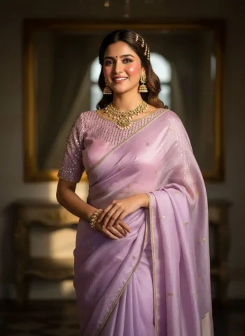 DESIGNER FENDY CRUSH SEQUANCE BUTTI WITH FANCY LACE WORK SAREE WITH STITCHED BLOUSE LAVENDER
