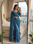 DESIGNER FENDY SATIN BEADS AND SEQUENCE EMBROIDERY WORK SAREE WITH UNSTITCHED BLOUSE TEAL