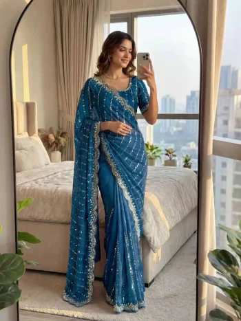 DESIGNER FENDY SATIN BEADS AND SEQUENCE EMBROIDERY WORK SAREE WITH UNSTITCHED BLOUSE TEAL
