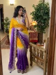 DESIGNER FENDY SATIN EMBROIDERY SEQUENCE WITH BORDER BUTTI & ARC WORK SAREE WITH STITCHED BLOUSE YELLOW AND PURPLE