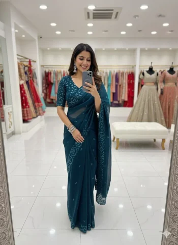 DESIGNER FENDY SATIN SILK MULTI THREAD SEQUENCE WORK SAREE WITH UNSTITCHED BLOUSE TEAL