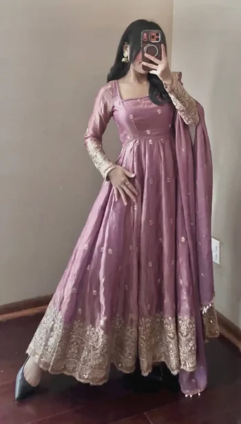 DESIGNER FENDY SILK EMBROIDERY  SEQUENCE WORK GOWN BOTTOM WITH DUPATTA LAVENDER