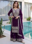 DESIGNER GEORGETTE EMBROIDERY SEQUENCE ZARI WORK TOP SHARARA WITH DUPATTA PURPLE