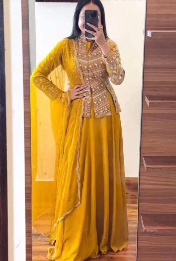 DESIGNER GEORGETTE SEQUENCE WORK TOP SEMI STITCHED LEHENGA WITH DUPATTA YELLOW