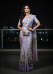 DESIGNER GOLD CRUSH HANDPAINT HANDWORK CUT DANA WORK SAREE WITH UNSTITCHED BLOUSE PURPLE