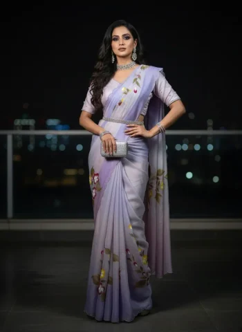 DESIGNER GOLD CRUSH HANDPAINT HANDWORK CUT DANA WORK SAREE WITH UNSTITCHED BLOUSE PURPLE