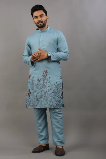 DESIGNER LINEN COTTON THREAD WORK MEN'S KURTA PAYJAMA RAMA