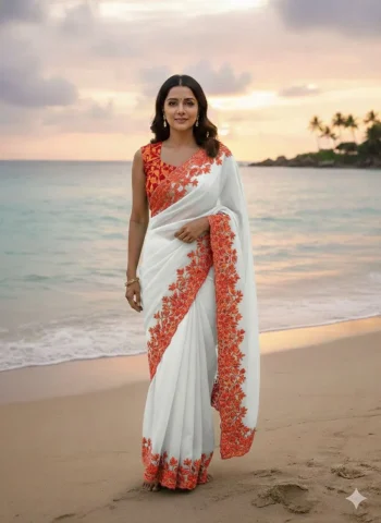 DESIGNER ORGANZA EMBROIDERY CUT WORK MULTI THREAD WORK SAREE WITH UNSTITCHED BLOUSE ORANGE AND WHITE