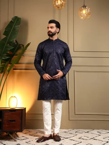 DESIGNER ROYAL SILK EMBROIDERY SEQUENCE WORK MEN'S KURTA PAYJAMA NAVY BLUE