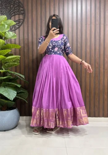 DESIGNER SILK DIGITAL PRINT AND ZARI WEAVING BORDER WORK GOWN PURPLE