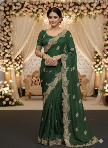 DESIGNER STAR GEORGETTE EMBROIDERY WORK SAREE WITH UNSTITCHED BLOUSE GREEN