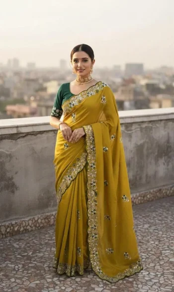 DESIGNER VICHITRA SILK SEQUENCE  THREAD  EMBROIEDRY WORK SAREE WITH UNSTITCHED BLOUSE YELLOW