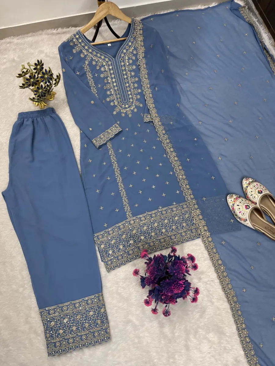 3FANCY GEORGETTE EMBROIDERY SEQUENCE WORK TOP BOTTOM WITH DUPATTA FESTIVE WEAR WHOLESALE PRICE ETHNIC GRMENT (10)