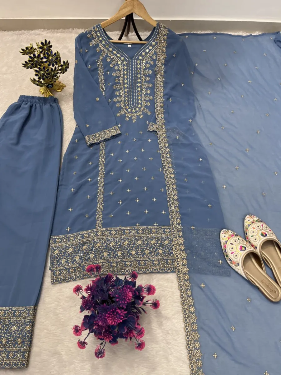 3FANCY GEORGETTE EMBROIDERY SEQUENCE WORK TOP BOTTOM WITH DUPATTA FESTIVE WEAR WHOLESALE PRICE ETHNIC GRMENT (11)