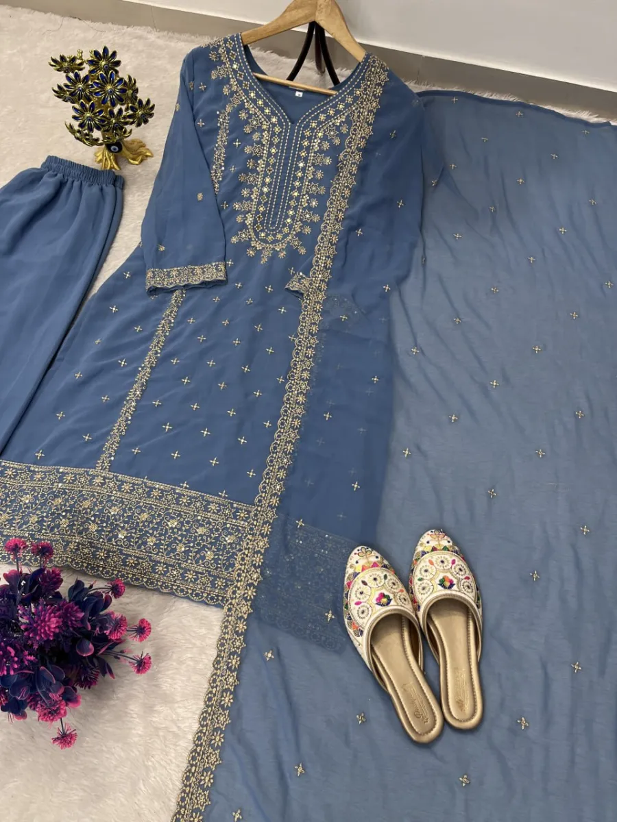 3FANCY GEORGETTE EMBROIDERY SEQUENCE WORK TOP BOTTOM WITH DUPATTA FESTIVE WEAR WHOLESALE PRICE ETHNIC GRMENT (7)