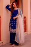 FANCY GMY SILK EMBROIDERY CODING SEQUENCE WITH RIVET MOTI HAND WORK TOP PALAZZO WITH DUPATTA NAVY BLUE
