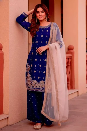 FANCY GMY SILK EMBROIDERY CODING SEQUENCE WITH RIVET MOTI HAND WORK TOP PALAZZO WITH DUPATTA NAVY BLUE