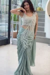 FANCY RANGOLI EMBROIDERY SEQUENCE WORK READY TO WEAR SAREE WITH STITCHED BLOUSE SKY