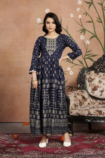 FANCY RAYON GOLDEN FOIL AND NECK WORK EMBROIDERY WORK GOWN NAVY BLUE