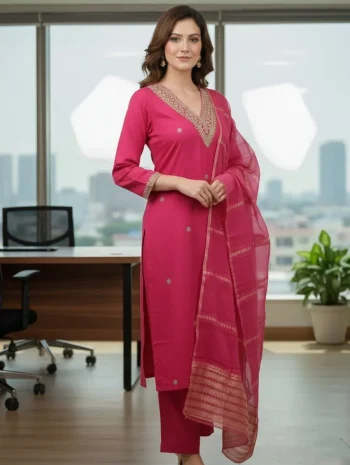 FANCY SLUB COTTON CUT PASTE EMBROIDERY WORK TOP BOTTOM WITH DUPATTA PINK