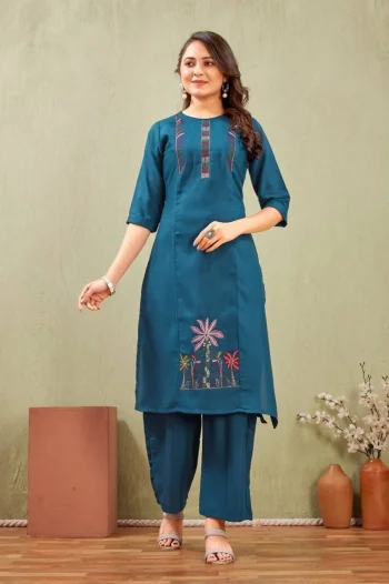 FANCY SLUB COTTON EMBROIDERY WORK CO-ORD SET TEAL
