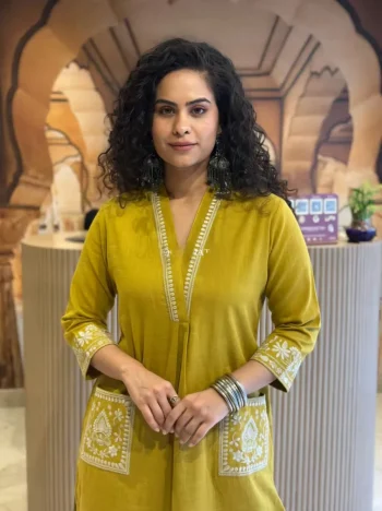 FANCY SLUB COTTON EMBROIDERY WORK WITH STYLES FRONT POCKET CO-ORD SET YELLOW