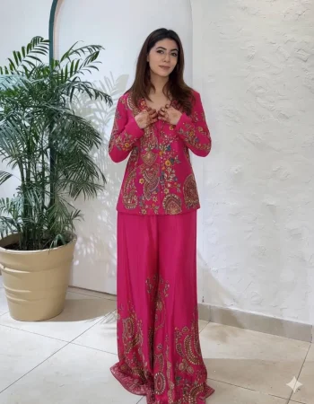 MODERN CHINON EMBROIDERY SEQUENCE WORK  PALAZZO BLOUSE WITH KOTI PINK