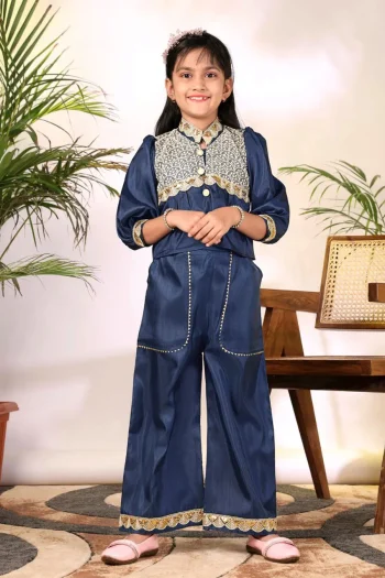 MODERN COTTON BLEND EMBROIDERY WORK KID'S TOP PALAZZO SET  NAVY BLUE